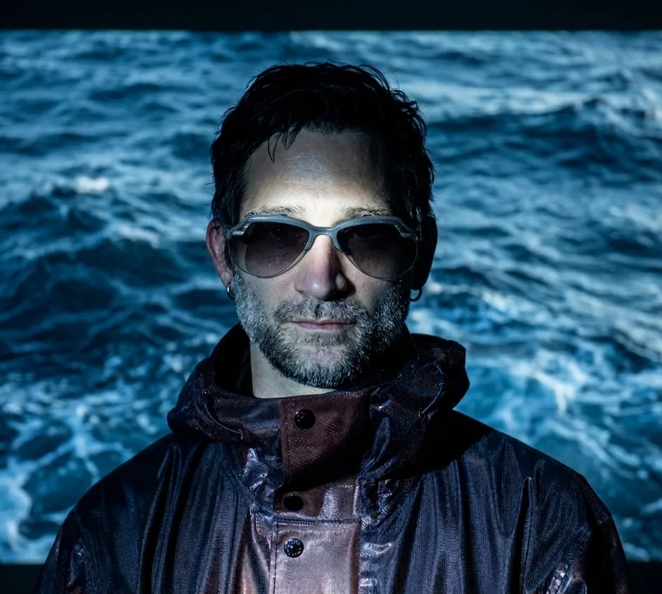 Ritratto con mare proiettato sullo sfondo
